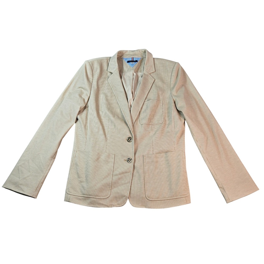 Tommy Hilfiger Women's Tan Pinstripe Blazer Jacket Size 16 Stretch Two Button